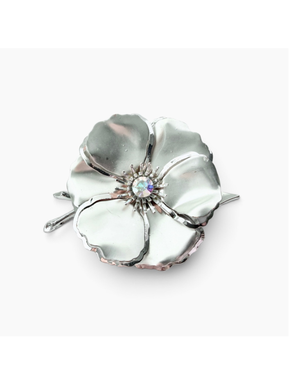 Vintage Silver Flower Brooch Aurora Borealis Rhinestone Floral Pin Statement